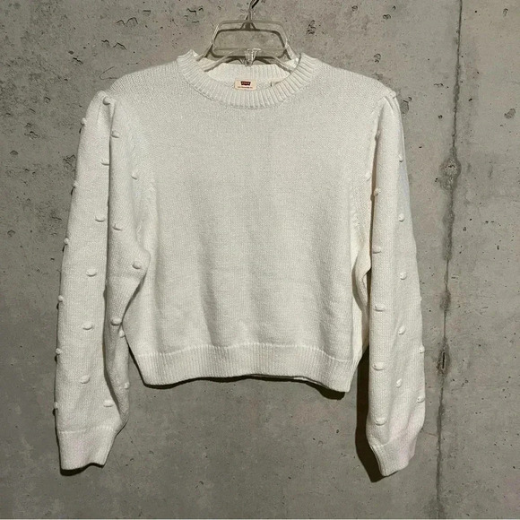 Levi’s Womens Puff Sleeve Jumper NWT Size M Cream Crew Neck Pullover Cropped - Picture 1 of 9